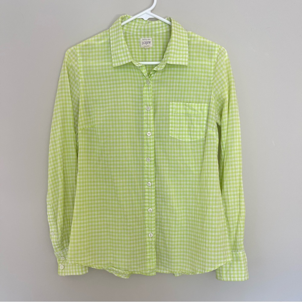 J Crew Long Sleeve White/Green Plaid Button-Up Shirt - Size Small